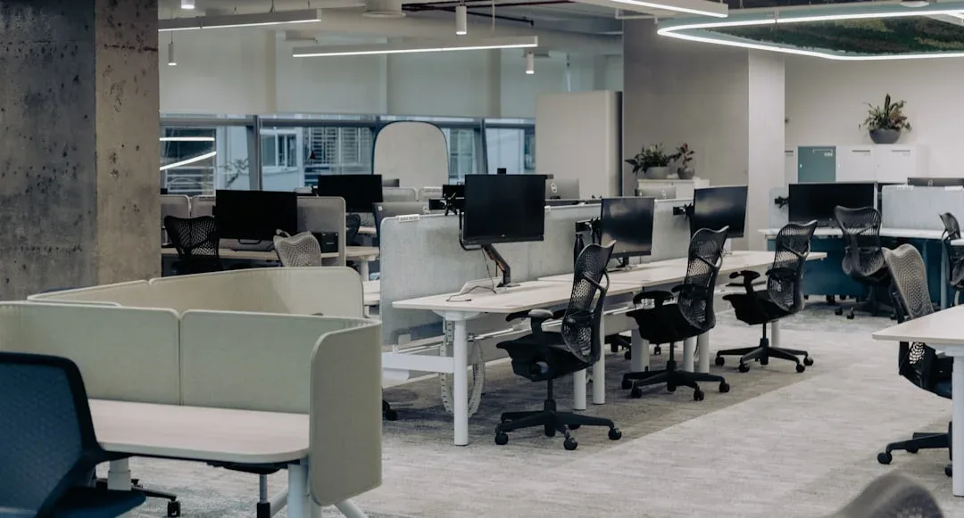 An open-plan studio of height-adjustable desks and monitors
