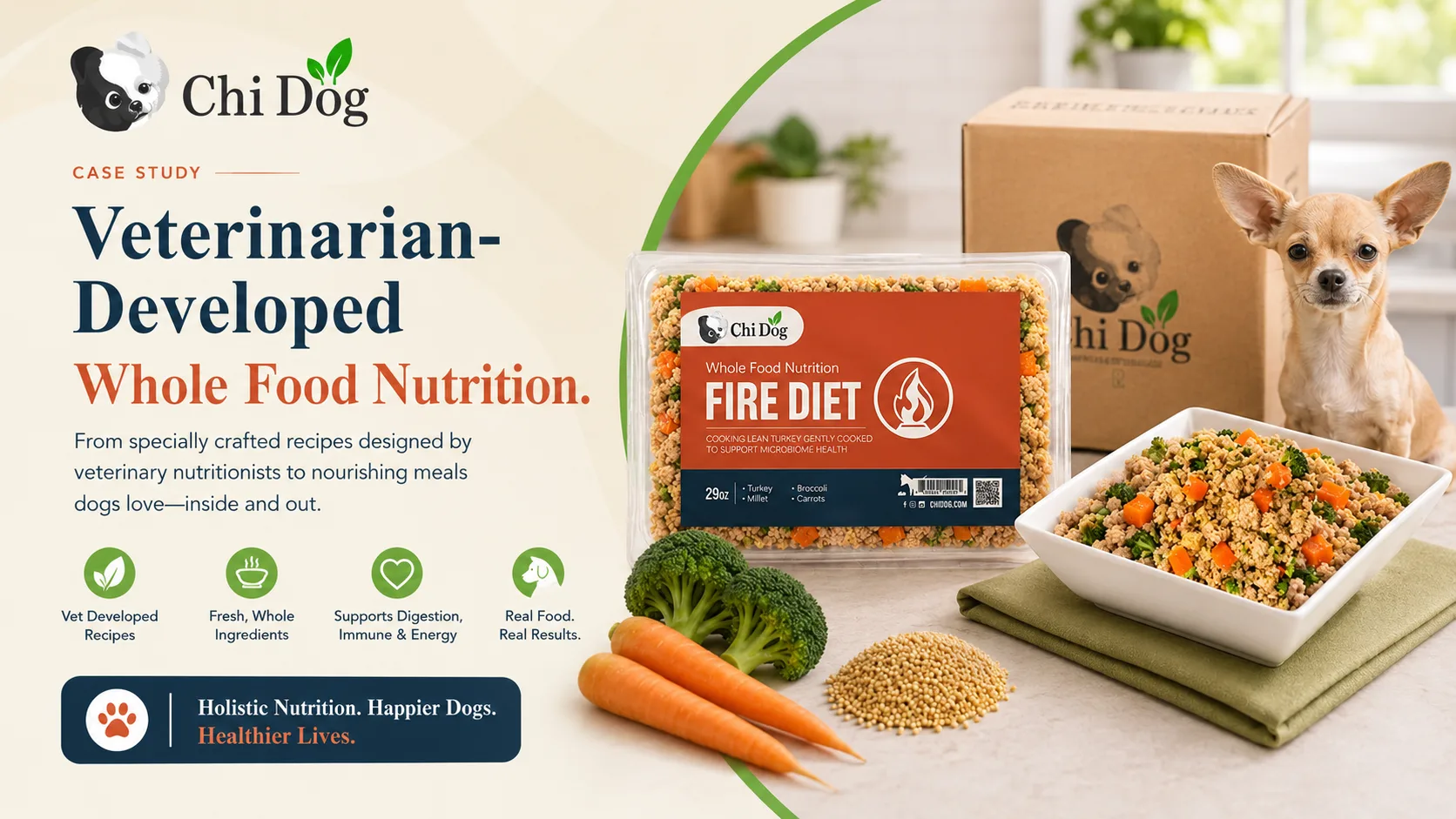 ChiDog Fire Diet whole food dog meal pack beside a bowl of prepared food, fresh vegetables and a chihuahua