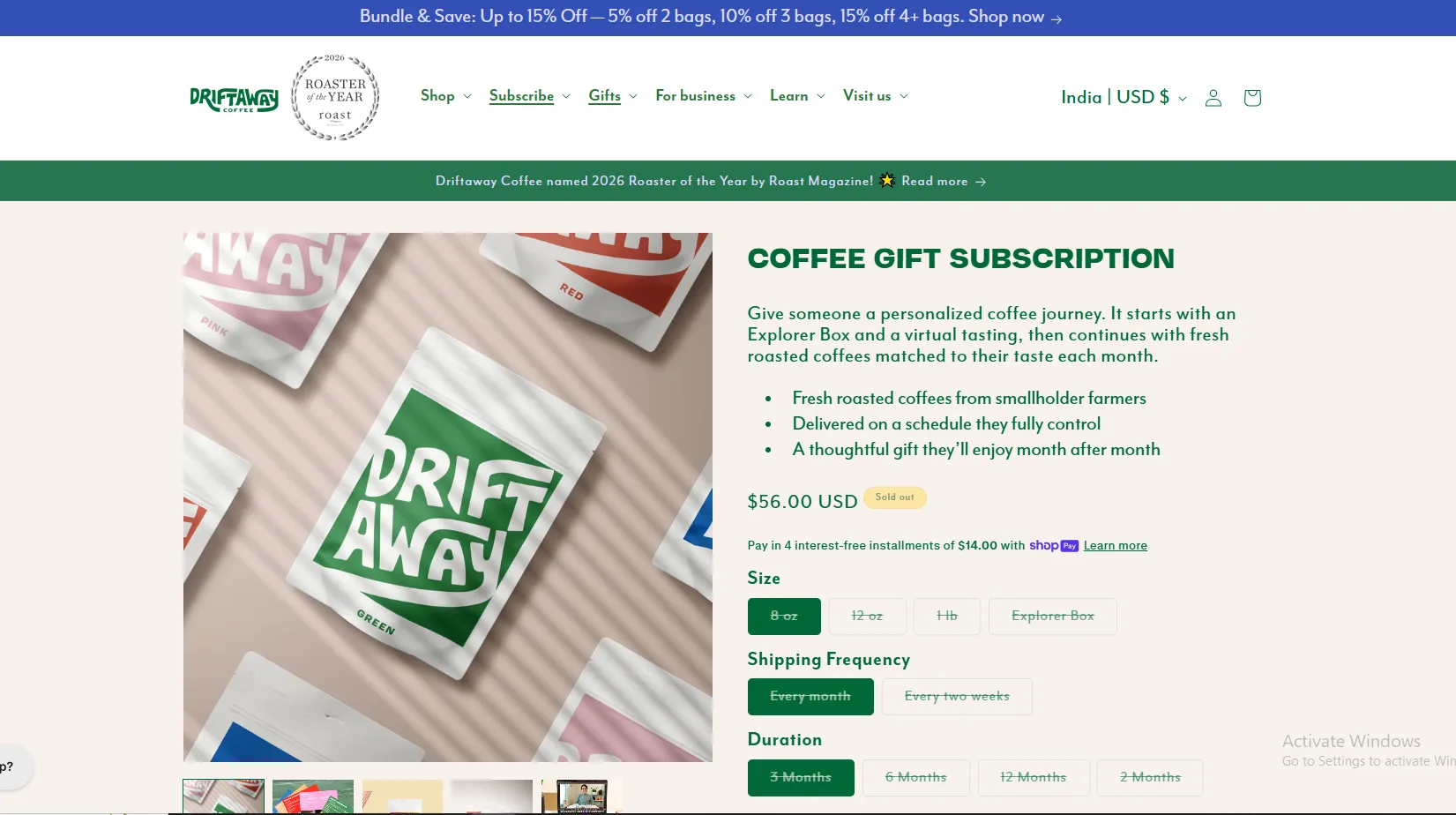 Driftaway Coffee gift subscription product page on Shopify