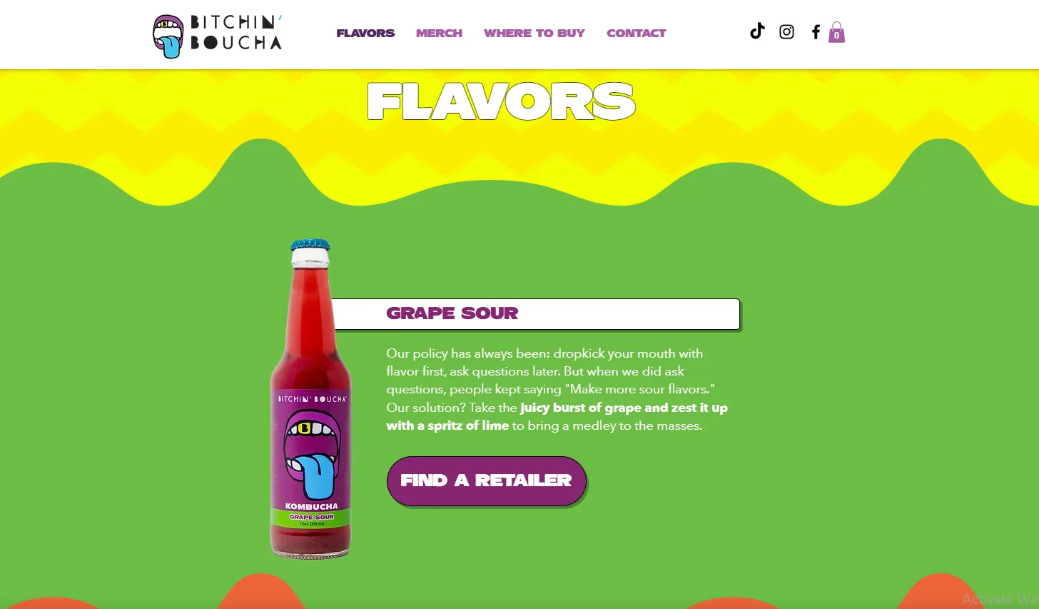 Bitchin' Boucha flavors page on Shopify showing a Grape Sour product detail