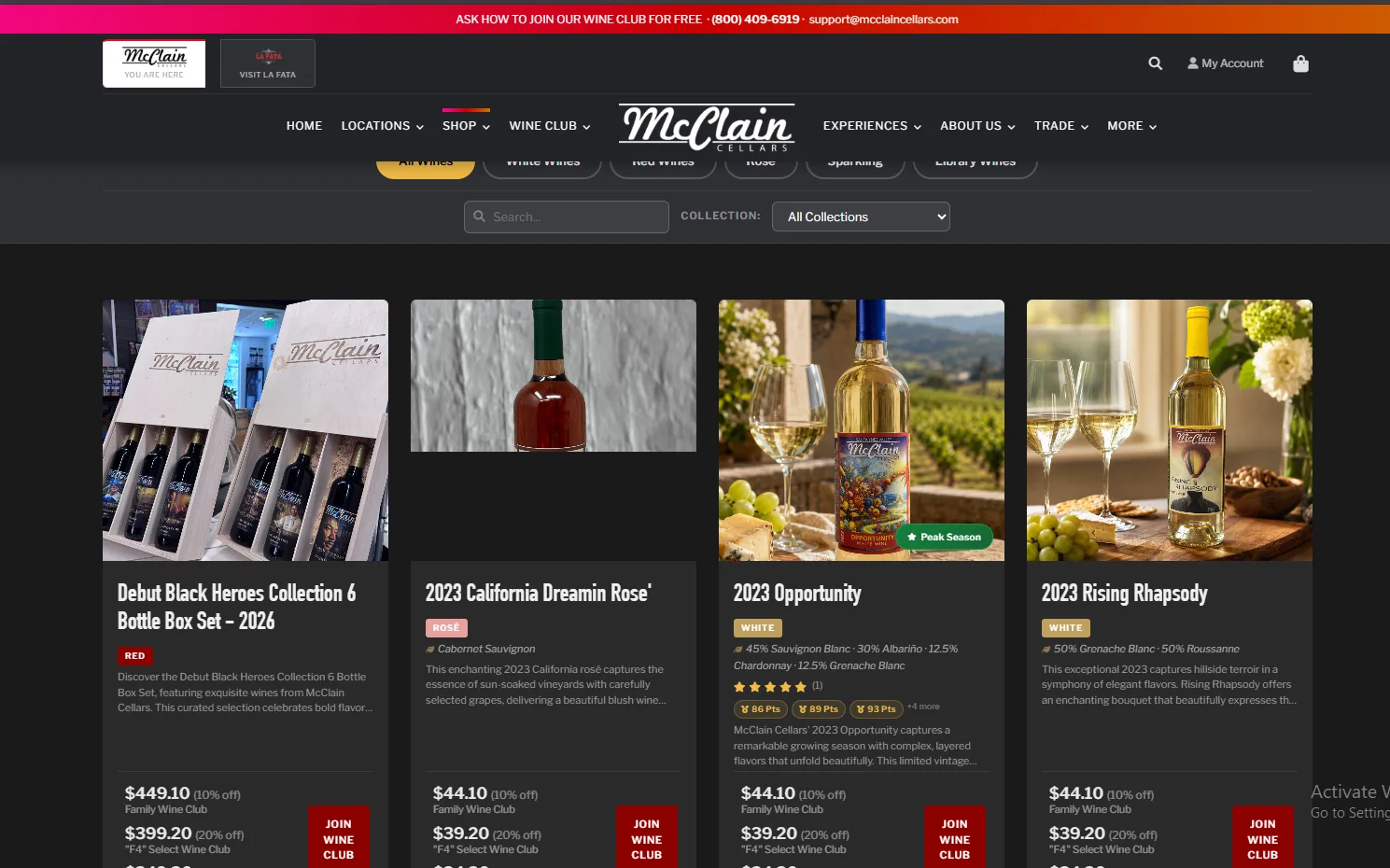 McClain Cellars Shopify catalog showing member pricing applied across wine products