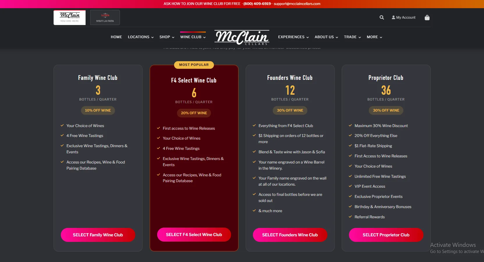 McClain Cellars wine club tier comparison page on Shopify